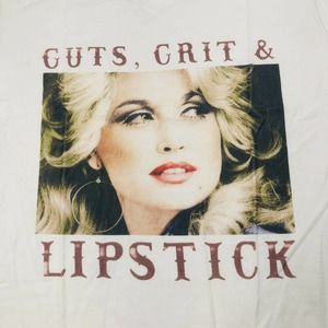 Gemlon Guts Grit & Lipstick Dolly Parton T-Shirt V-Neck Vintage Style White Sz L